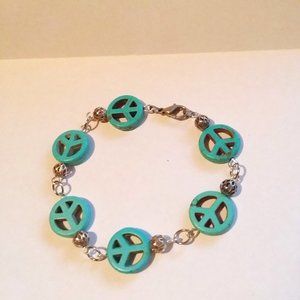 Peace Sign Blue Silver Tone Bead Bracelet & Earrin